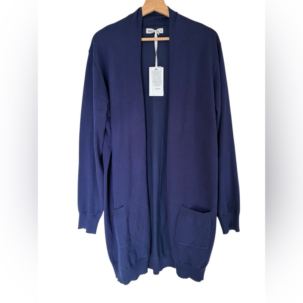 Grace Karin Cardigan 2X Navy Blue Long Pockets Office Casual Viscose Blend